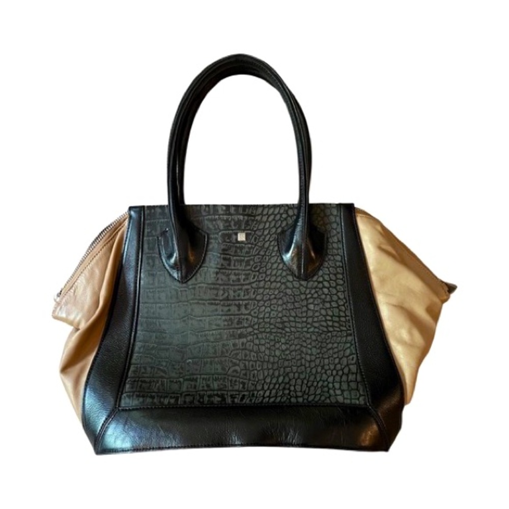 Pour La Victoire Black Beige Maison Croc Embossed Leather Medium Tote Handbag